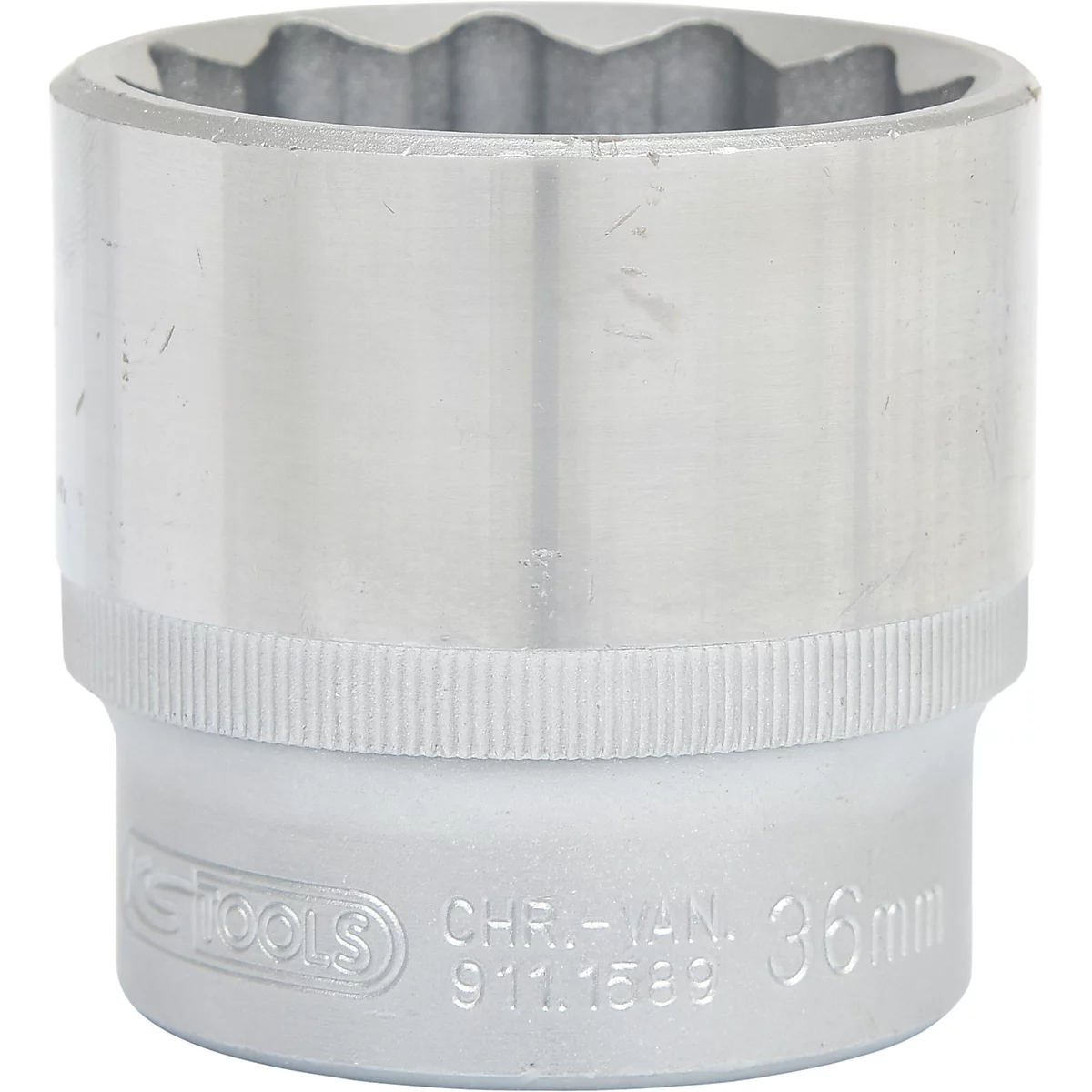 Eine silberne Steckschlüssel-Nuss mit 12-kant Innenprofil, KSTOOLS Logo und Prägung 36mm, CHR-VAN.